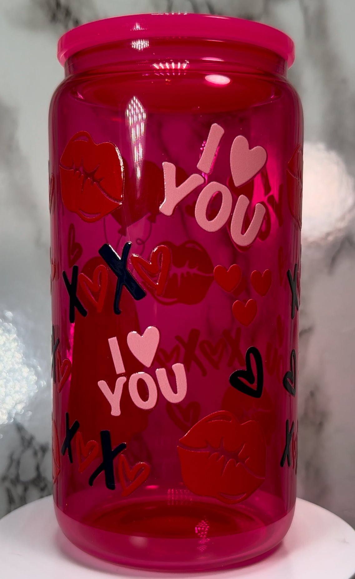 Valentine’s Day Ghost UVDTF on a hot pink beer can glass