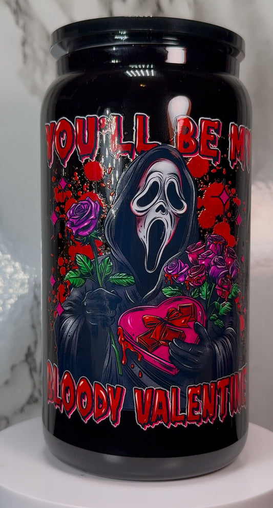 Valentine Ghostface UVDTF on a black beer can glass