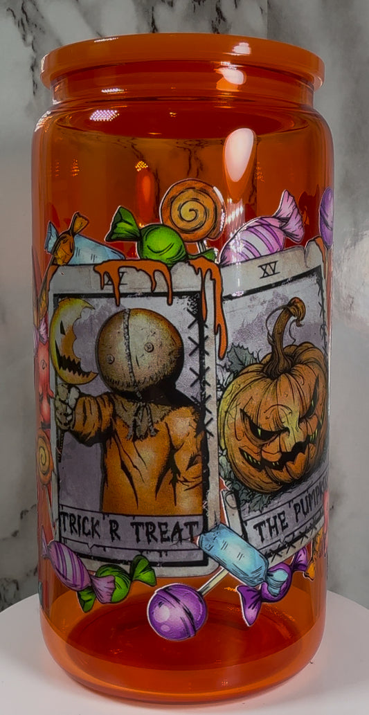 OOPSIE sale PLEASE read description!!! Trick R Treat Sam UVDTF on a orange beer can glass (Faults are in pictures)