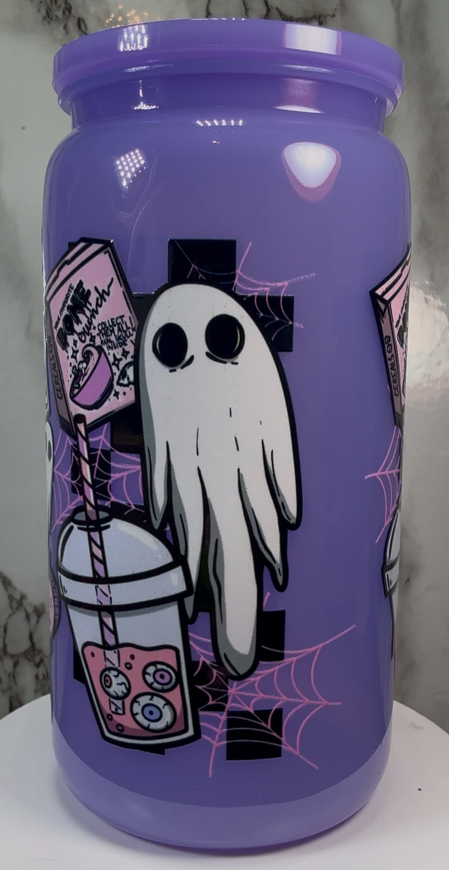 Crypt Keeper House of Horrors UVDTF on a PLASTIC purple beer can cup