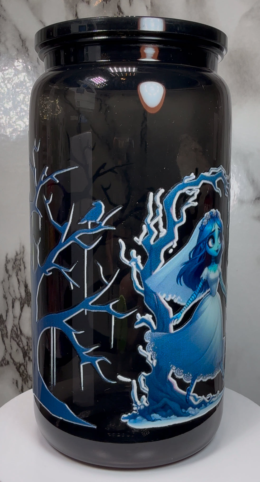 Corpse Bride on a PLASTIC black beer can cup
