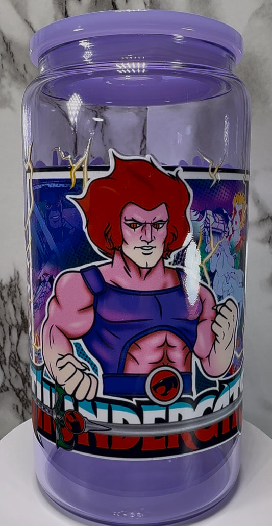 Thundercats UVDTF on a purple beer can glass