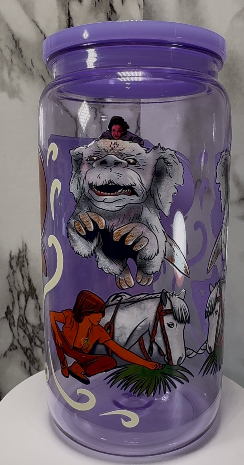 The Never Ending Story UVDTF on a purple PLASTIC beer can cup