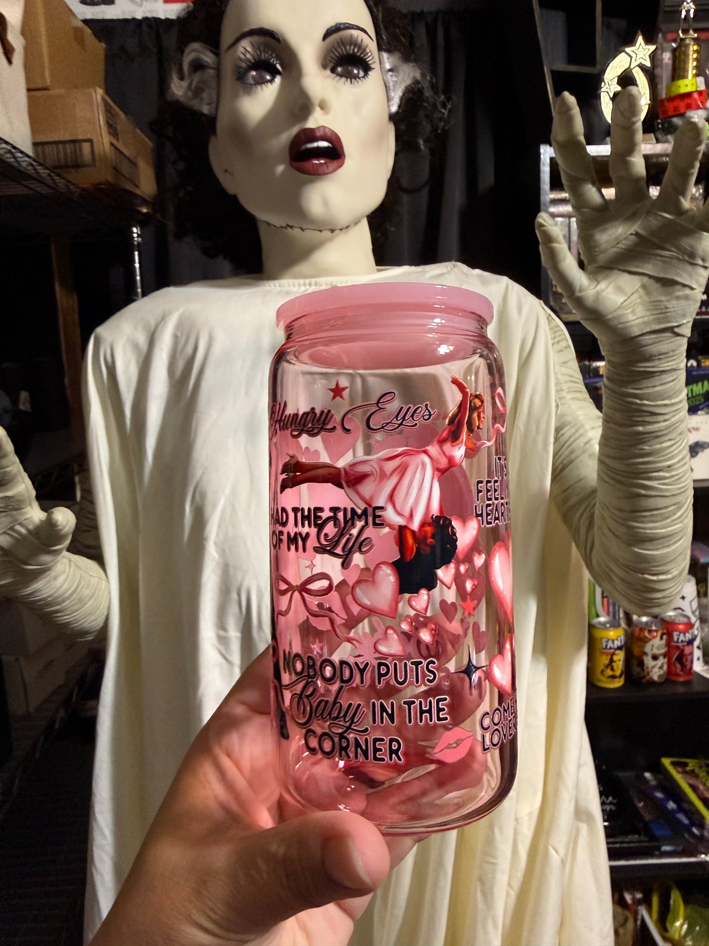 Dirty Dancing UVDTF on a light pink beer can glass