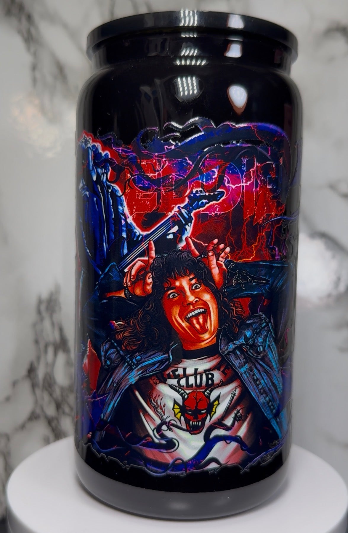 Eddie Munson UVDTF on a 16oz black beer can glass