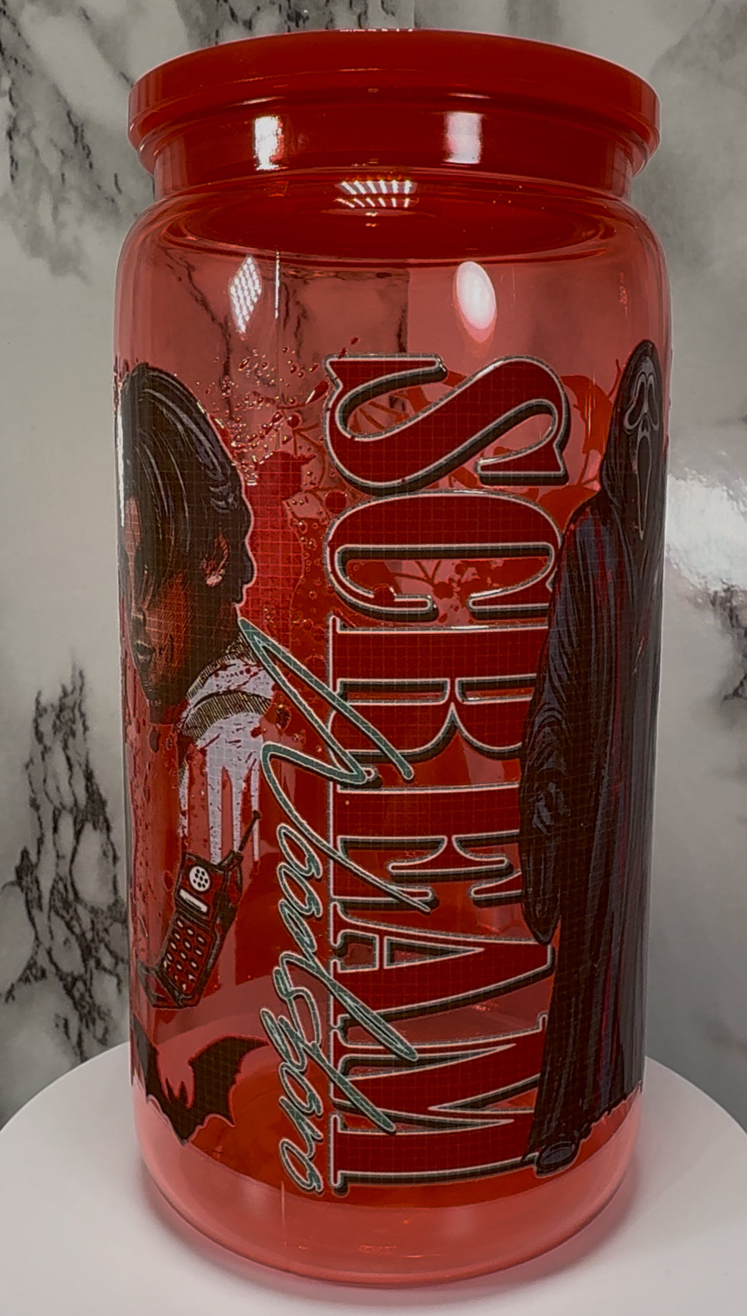 Scream UVDTF on a red PLASTIC beer can cup