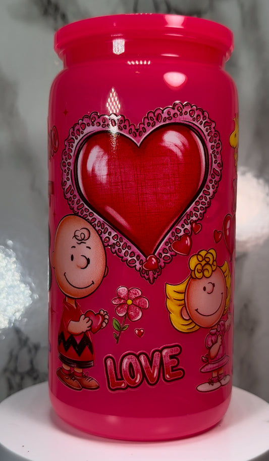 Charlie Brown Valentine’s Day UVDTF on a plastic hot pink beer can cup