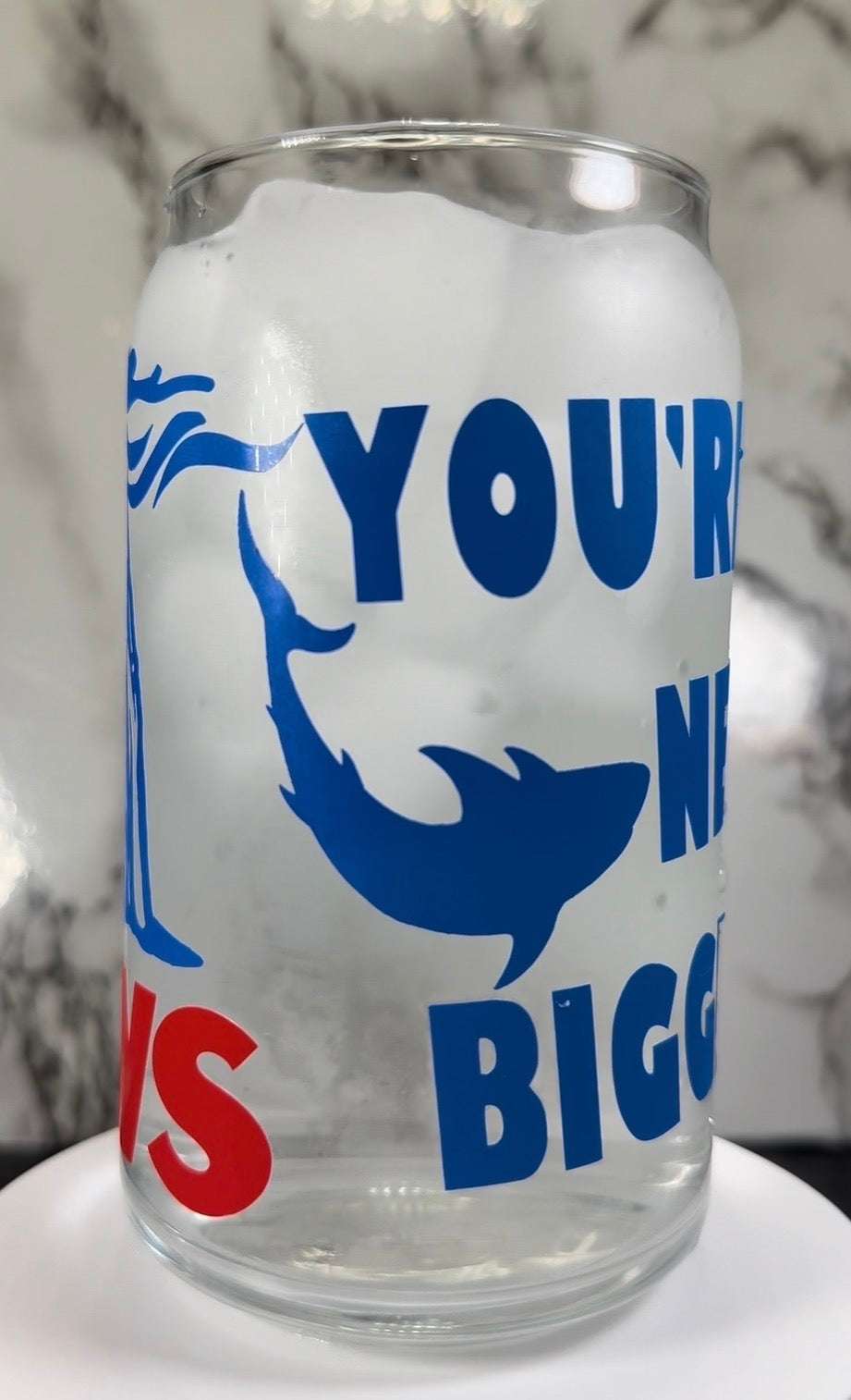 Jaws color changing blue and red color changing permanent vinyl on a libbey beer can glass