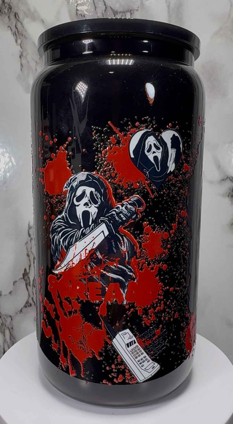 Scream Cast blue on black beer can glass
