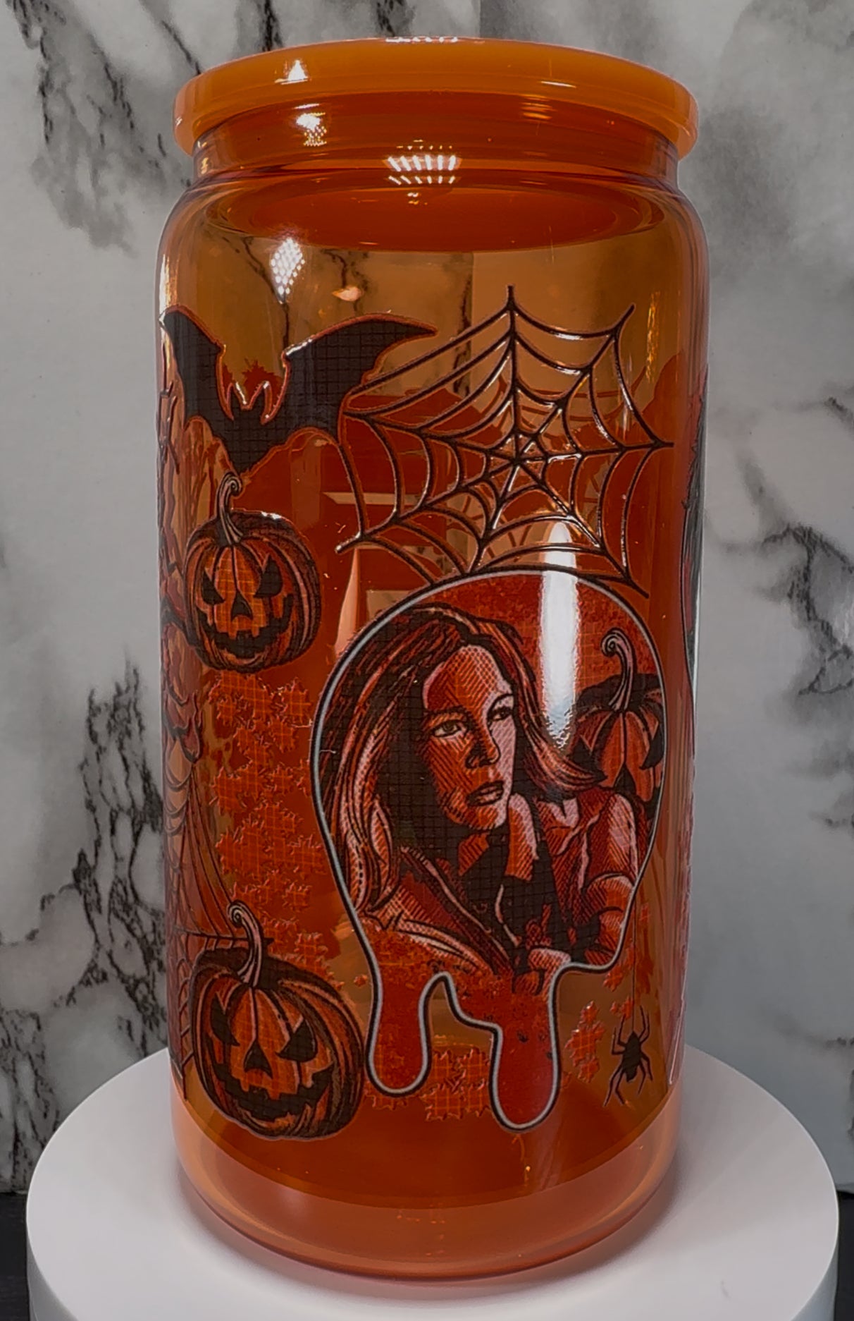 Michael Myers 1978 Halloween UVDTF on a orange beer can glass