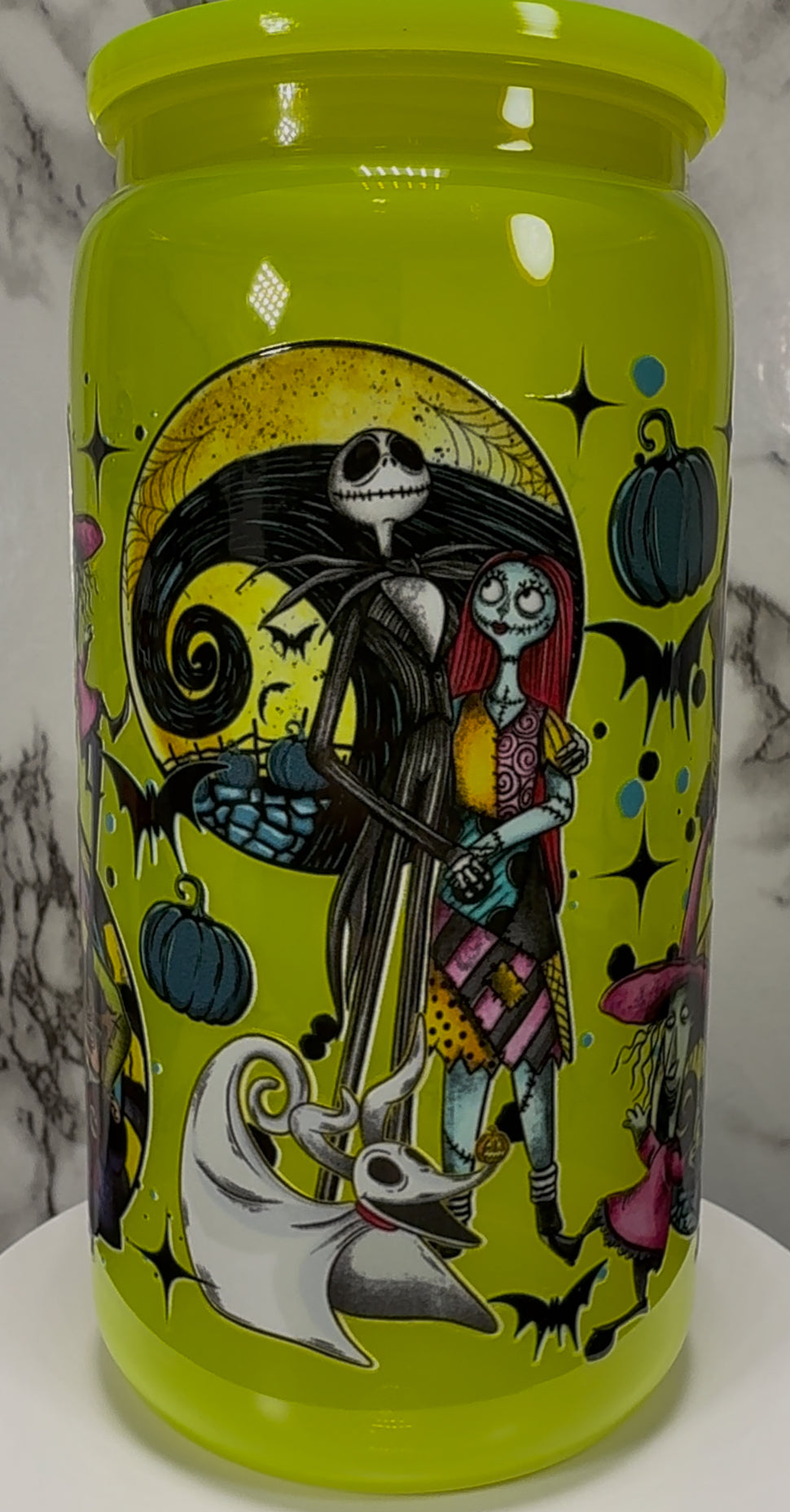 Nightmare Before Christmas UVDTF on a bright yellow PLASTIC beer can cup