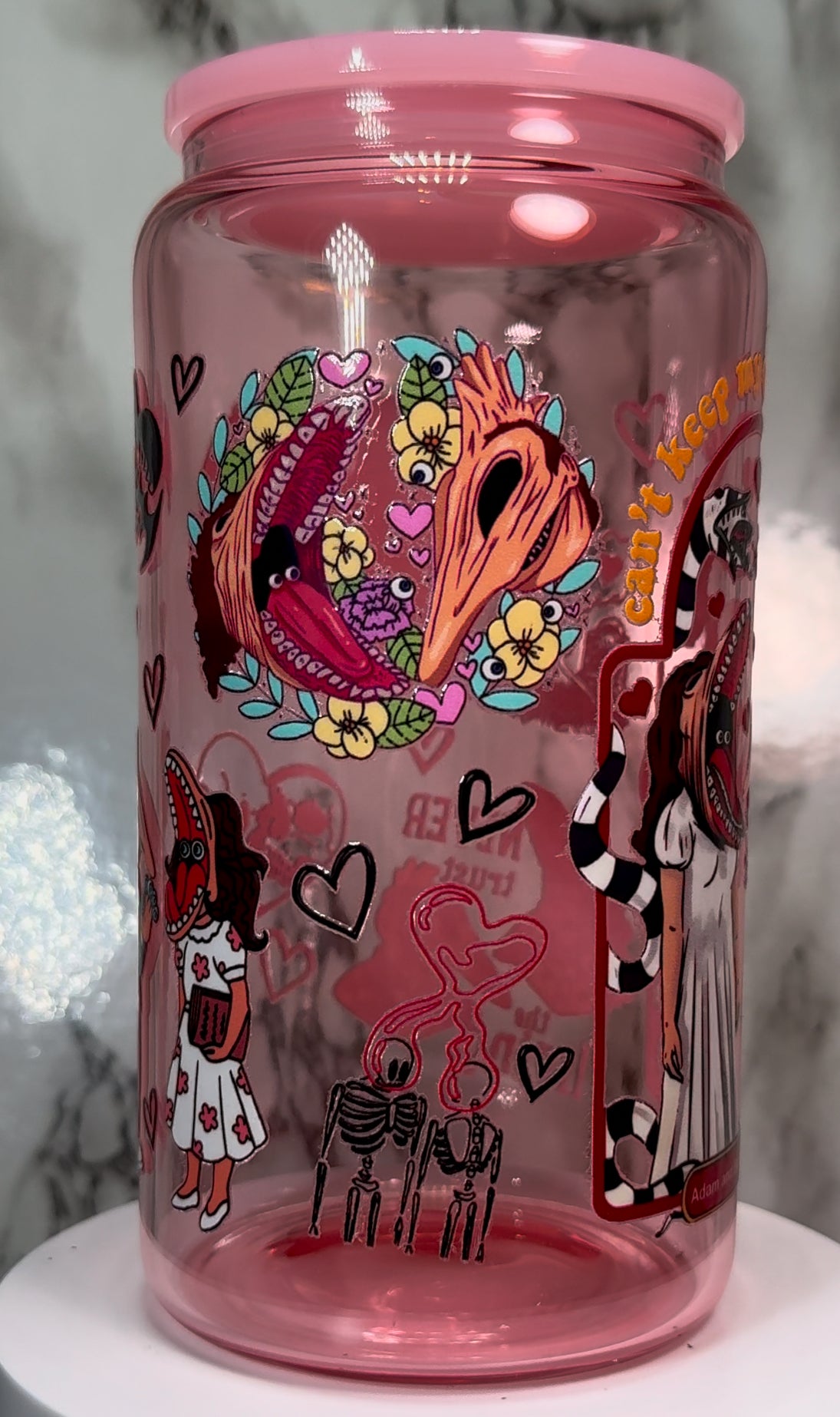 Adam & Barbara Maitland Beetlejuice Valentine’s Day UVDTF on pink beer can glass
