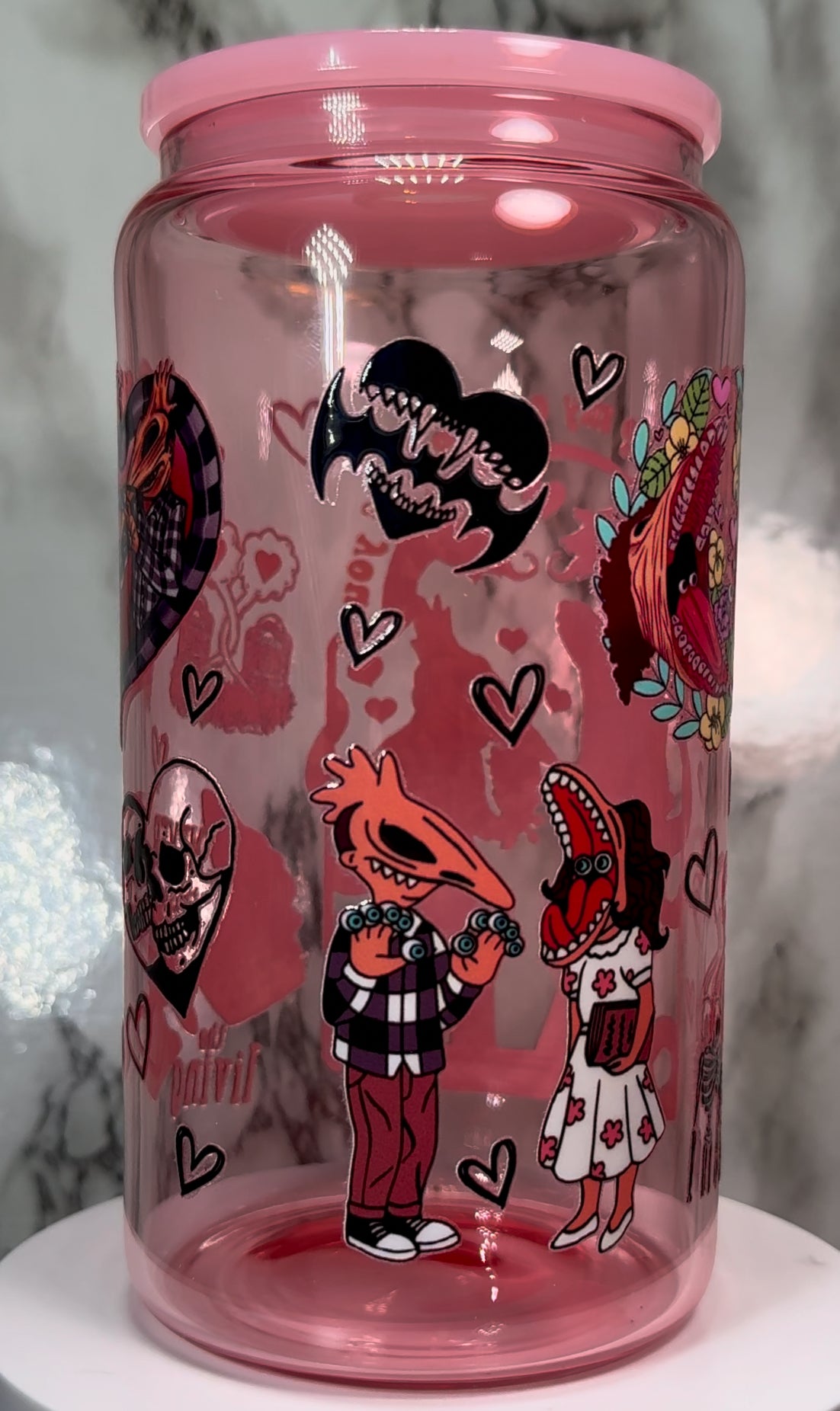 Adam & Barbara Maitland Beetlejuice Valentine’s Day UVDTF on pink beer can glass