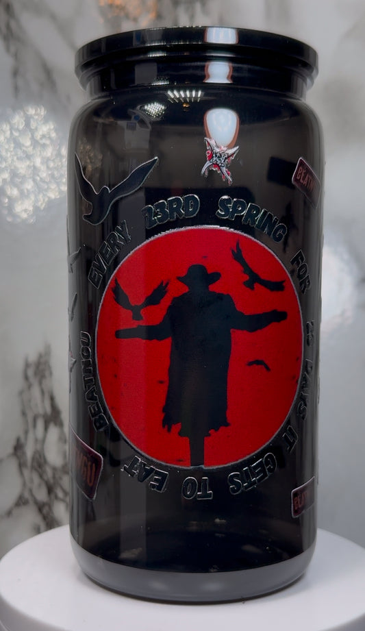Jeepers Creepers UVDTF on a PLASTIC black beer can cup