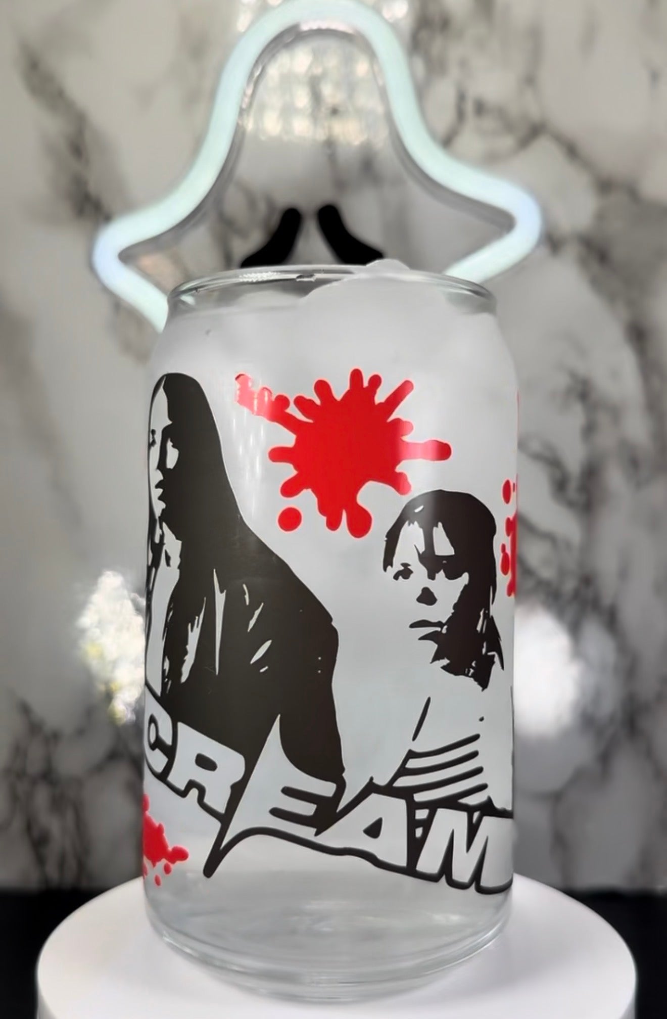 Scream Carpenter Sisters color changing black and red permanent vinyl on libbey beer can glass