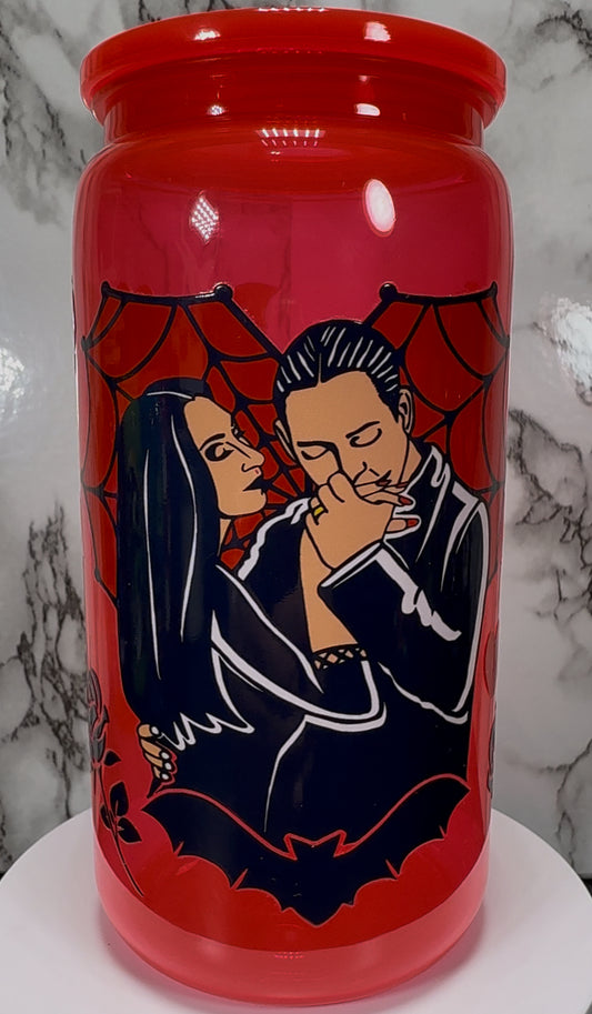 Gomez and Morticia Addams from Addams Family UVDTF on a bright red PLASTIC beer cancup