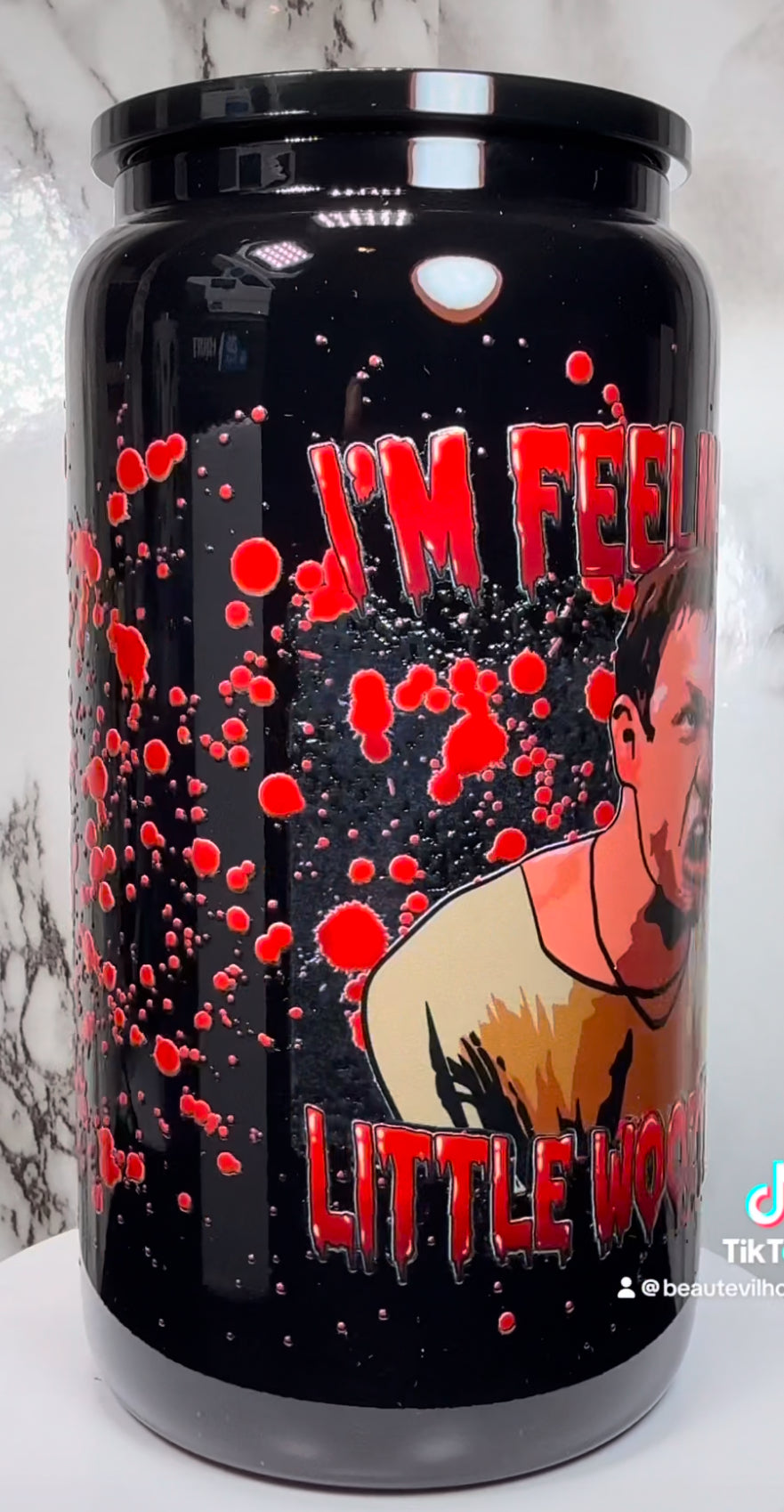 Stu Macher I’m Feeling Woozy Here UVDTF on a black beer can glass