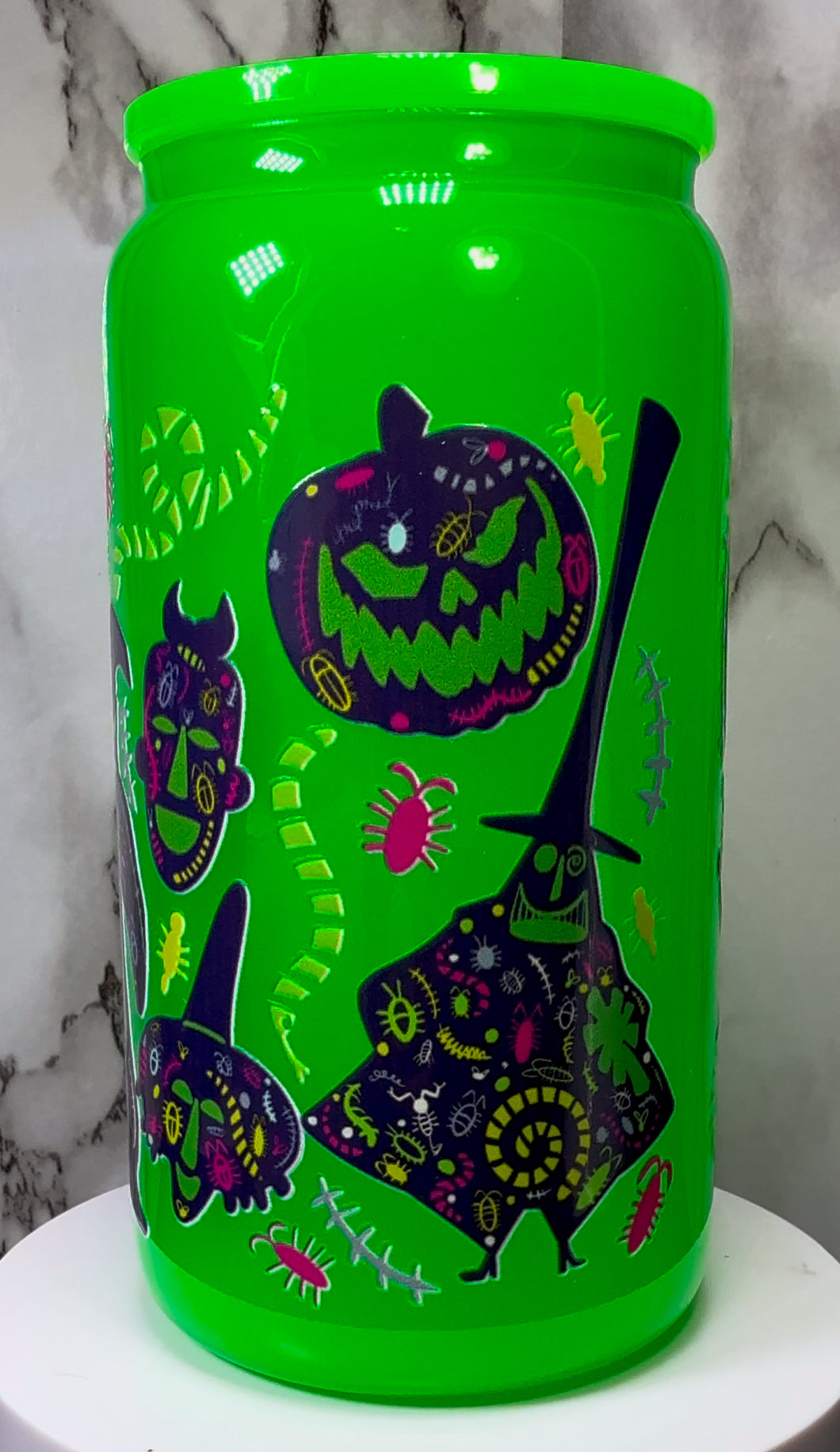 Nightmare Before Christmas UVDTF on a bright green beer can glass