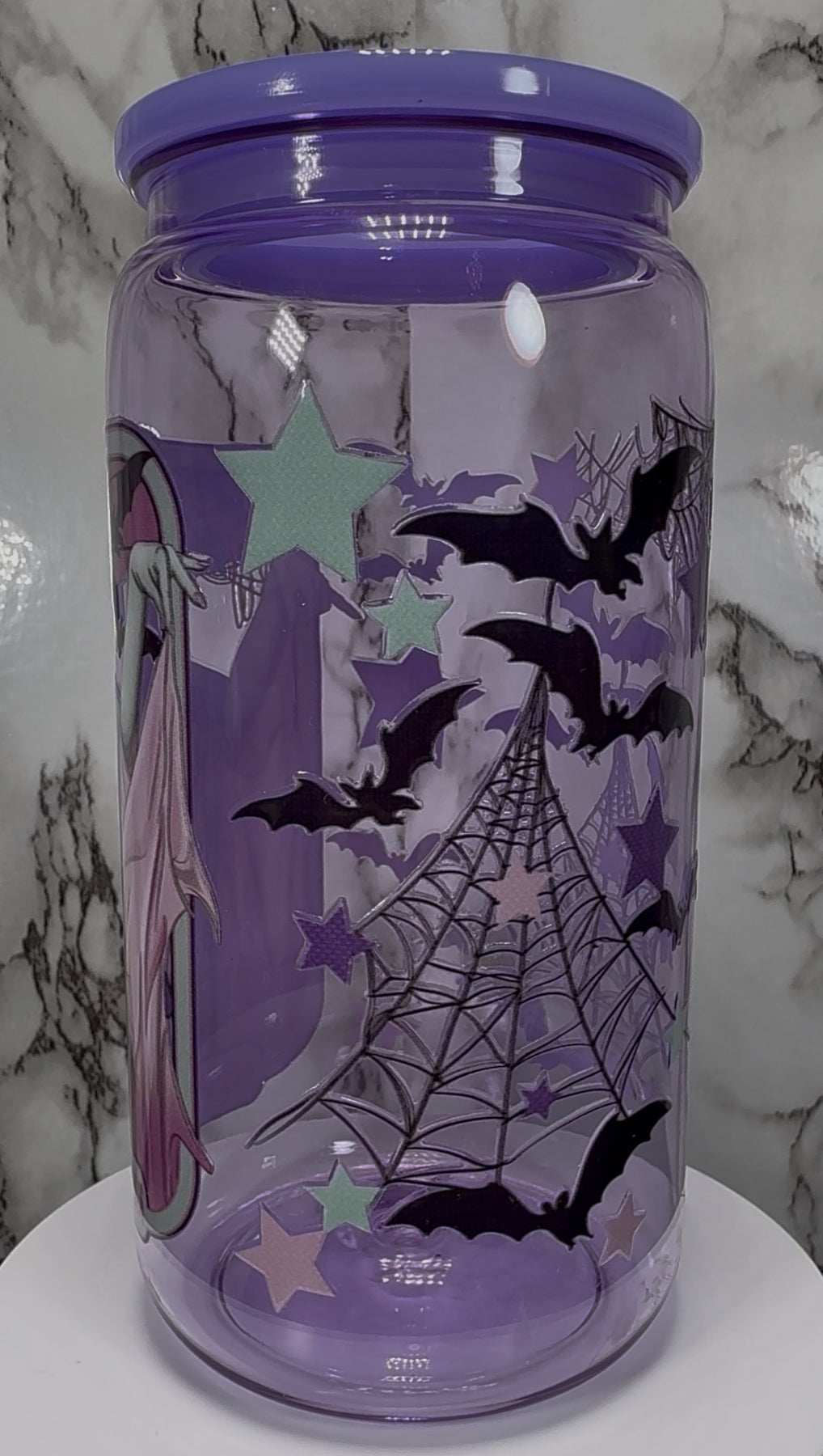The Munsters Mom and Dad Goals UVDTF on a PLASTIC purple beer can cup