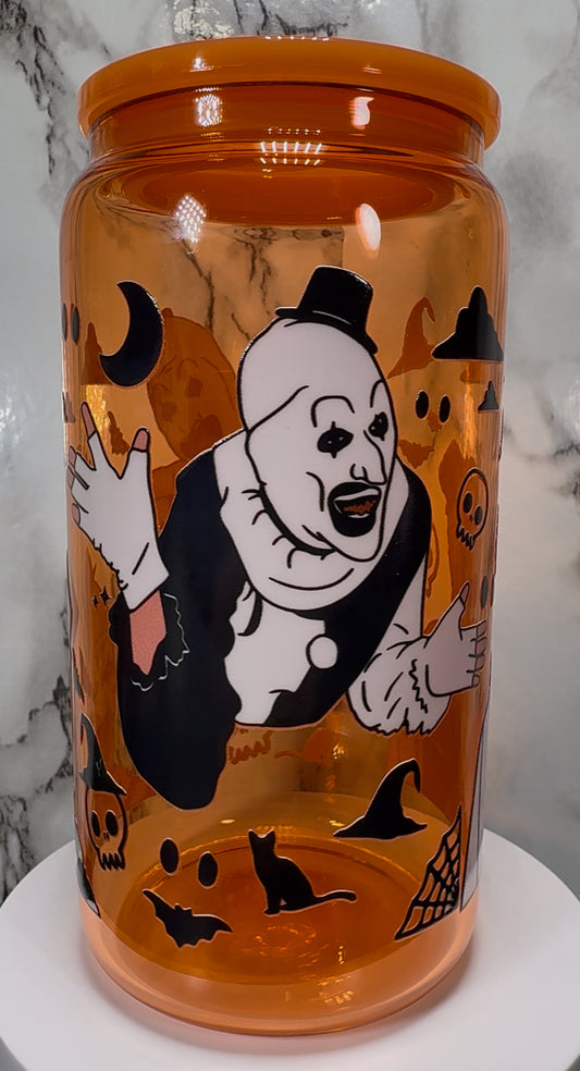 Art Terrifier UVDTF on a orange beer can glass
