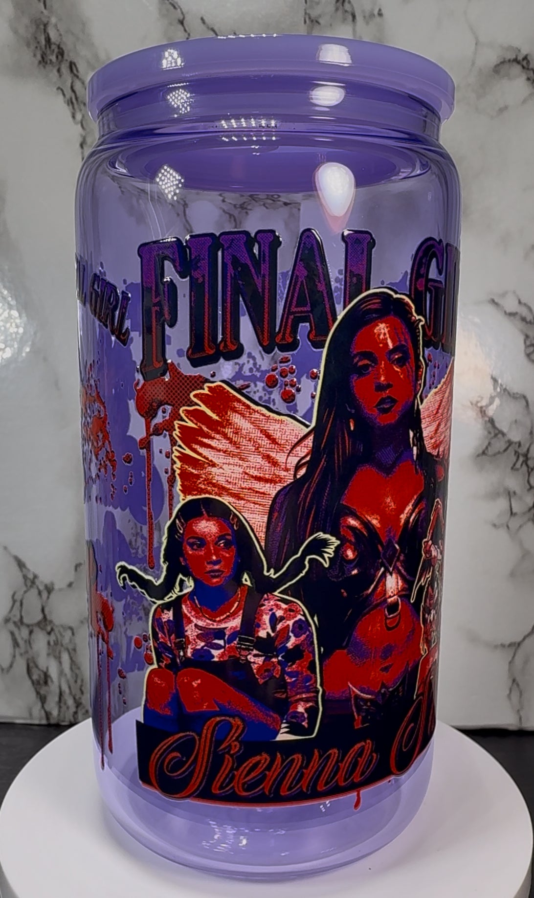 Final Girl Sienna Shaw Terrifier UVDTF on a purple beer can glass
