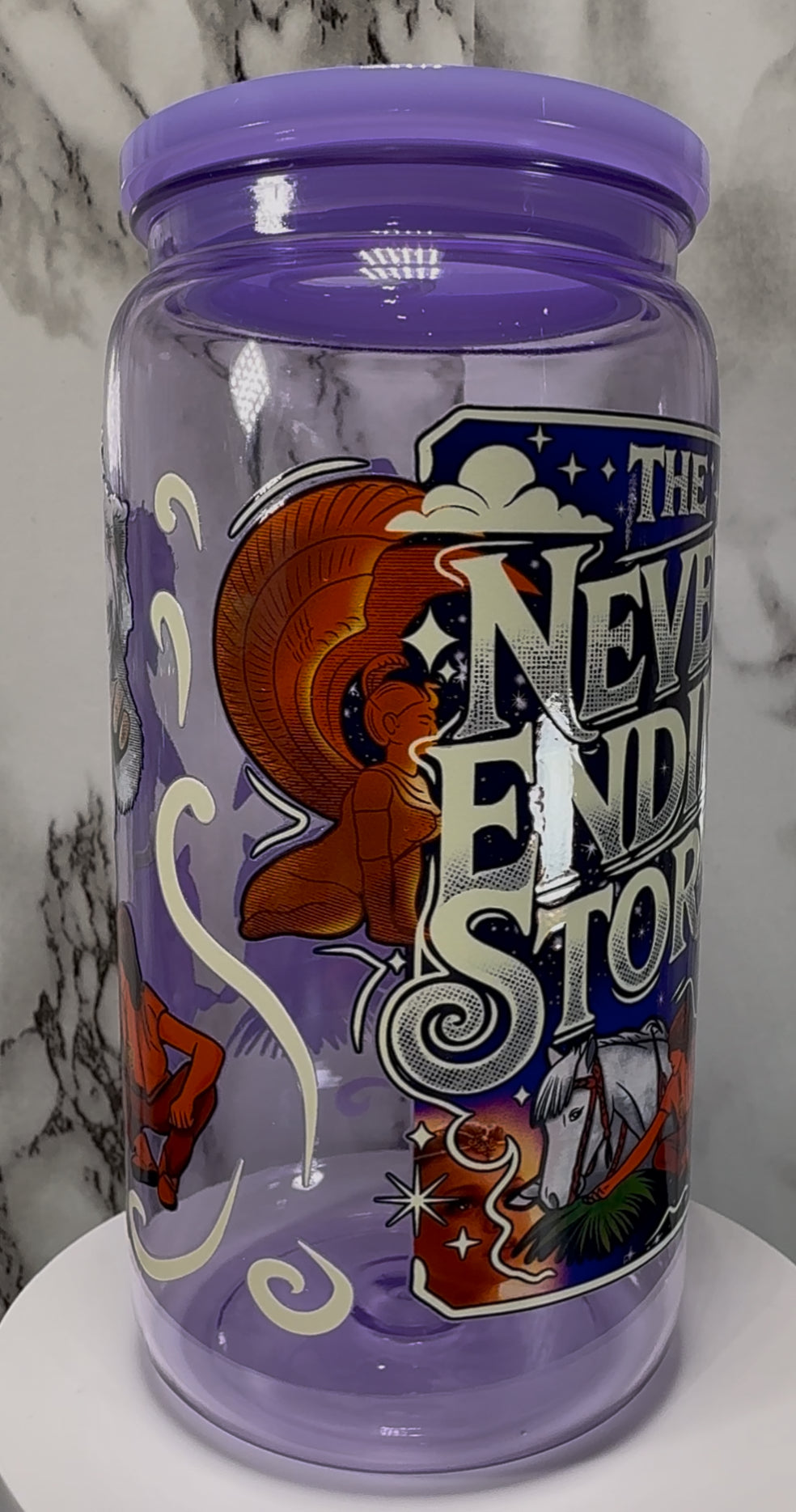 The Never Ending Story UVDTF on a purple PLASTIC beer can cup