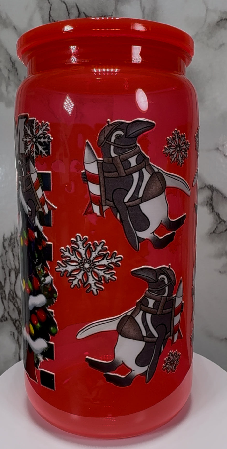 Gotham City Penguin UVDTF on a bright red PLASTIC beer can cup