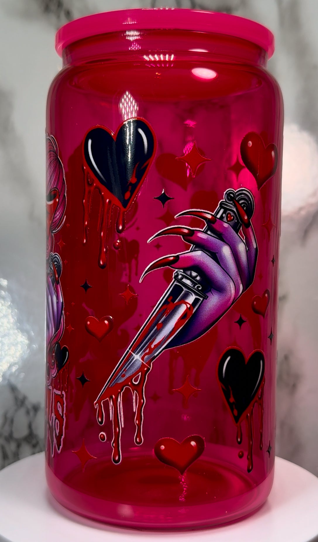 Love Kills Valentine’s Day UVDTF on a hot pink beer can glass