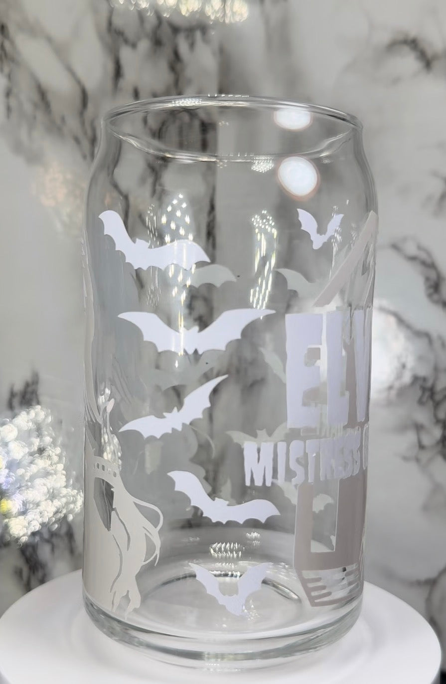 Elvira color changing black, purple and red color changing permanent vinyl on a libbey beer can glass