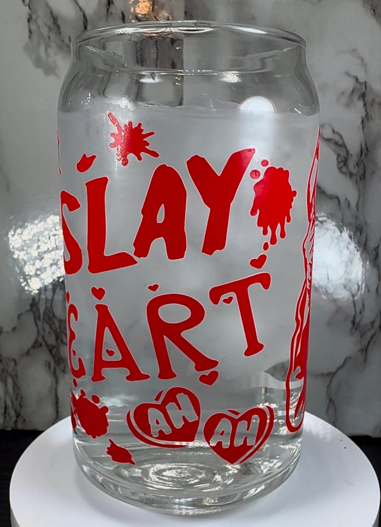 Valentine’s Day Friday the 13th Jason Voorhees color changing Red permanent vinyl on a libbey beer can glass.