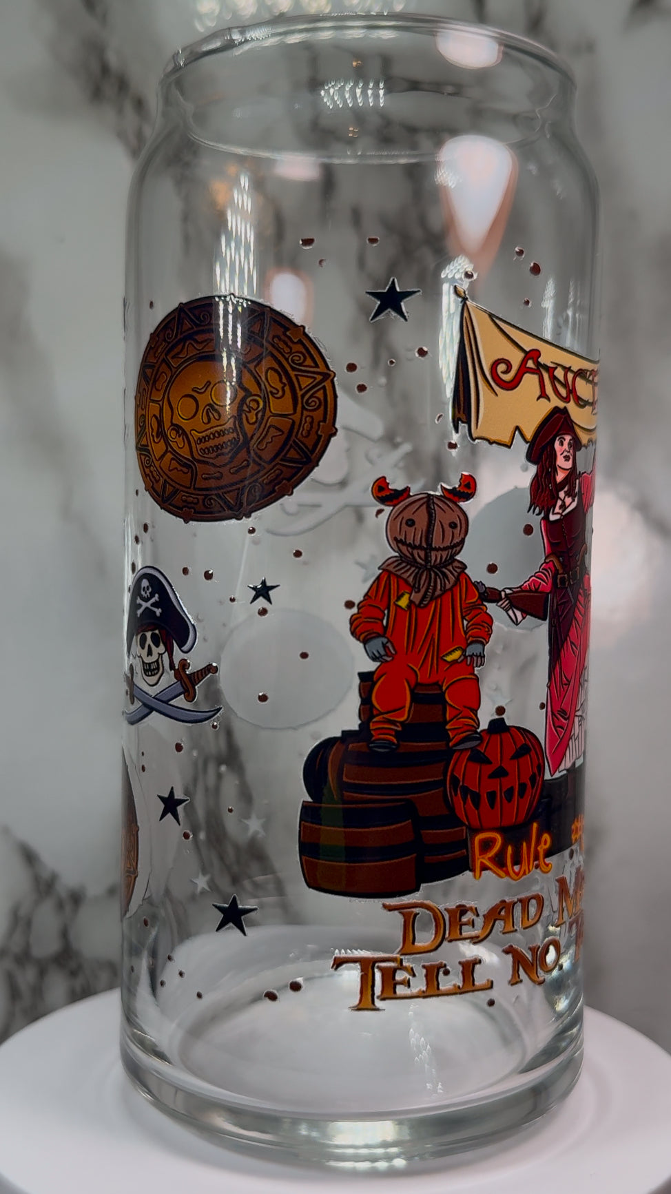 Disney Trick R Treat Sam UVDTF on a 20 ounce libbey beer can glass