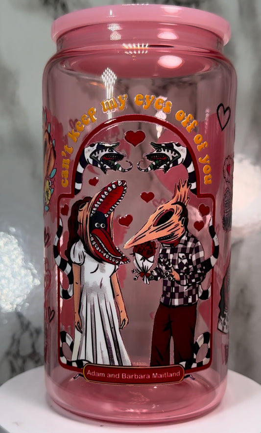 Adam & Barbara Maitland Beetlejuice Valentine’s Day UVDTF on pink beer can glass