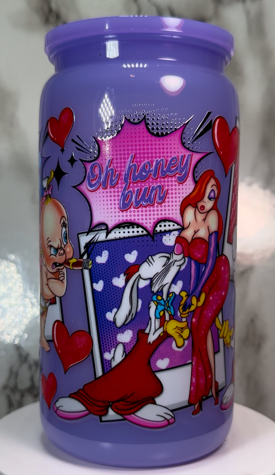 Roger Rabbit Valentine’s Day UVDTF on a plastic purple beer can cup