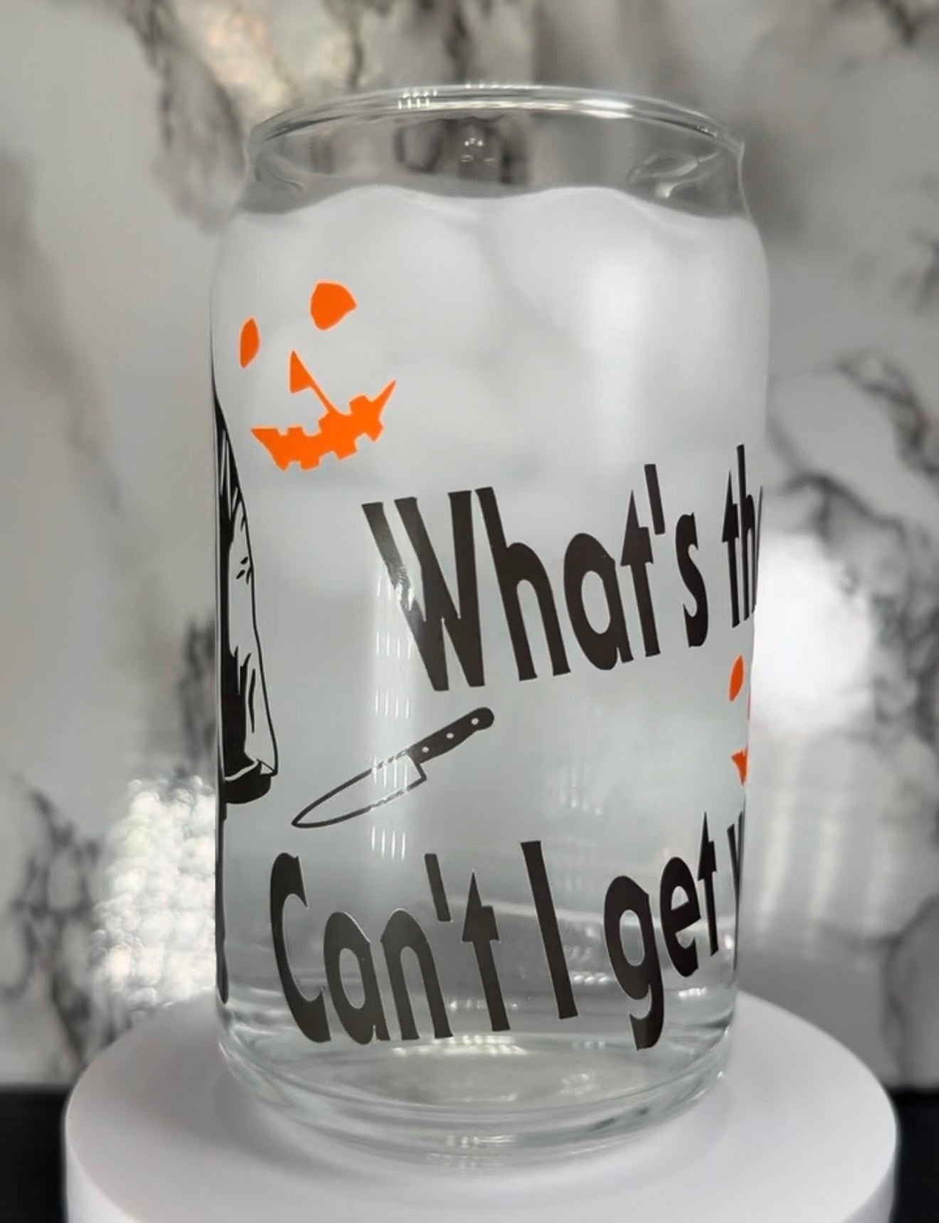 Ghost Bob Halloween Michael Myers color changing black and orange permanent vinyl on libbey beer can glass