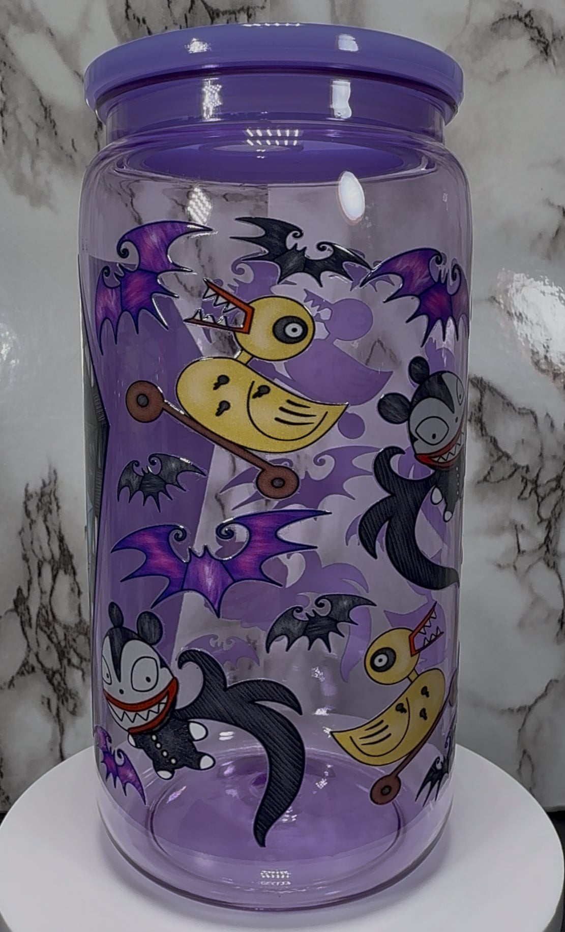Jack Skellington Nightmare Before Christmas UVDTF on a purple PLASTIC beer can cup