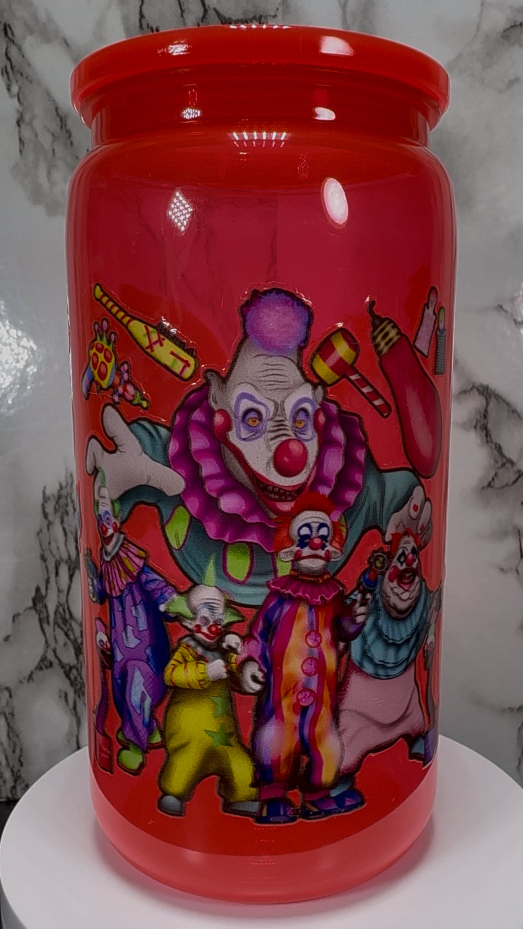 Klownzilla Killer Klowns From Outer Space UVDTF on a bright red PLASTIC beer can cup