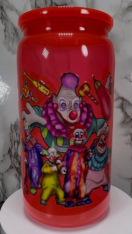 Klownzilla Killer Klowns From Outer Space UVDTF on a bright red PLASTIC beer can cup