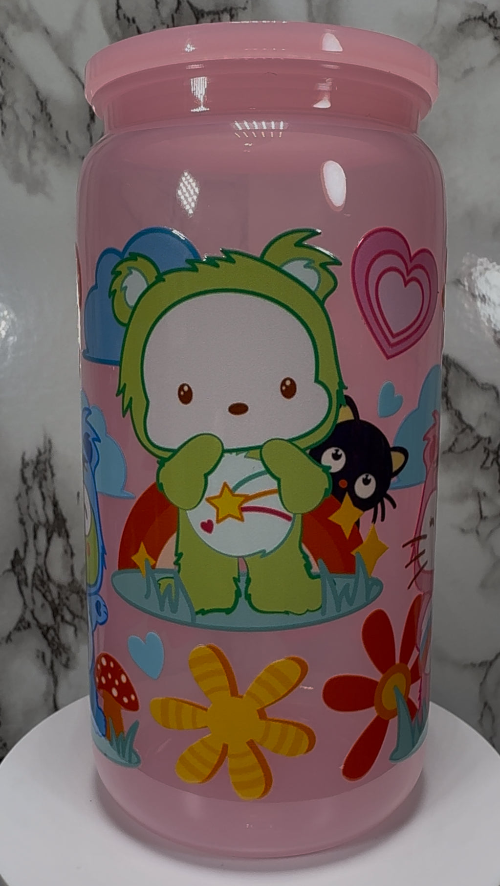 Hello Kitty / Care Bears mash up UVDTF on a PLASTIC pink beer can cup