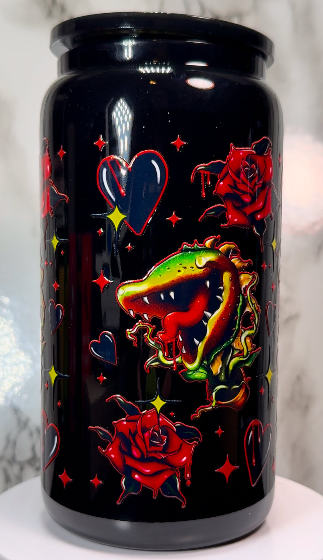 Little Shop Of Horrors Seymour Valentine’s Day UVDTF on a black beer can glass