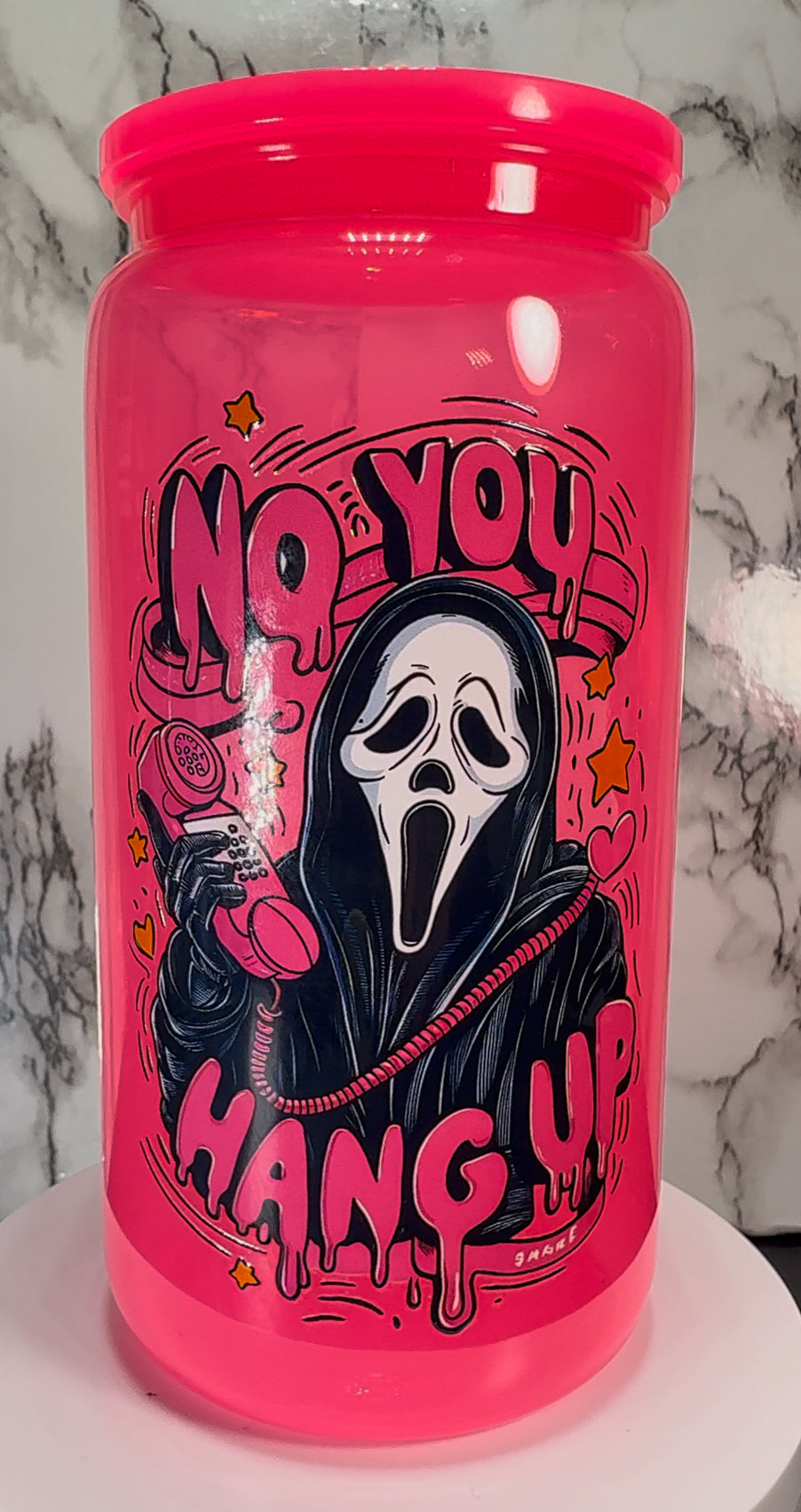 Ghostface No You Hang Up UVDTF on a hot pink plastic beer can cup