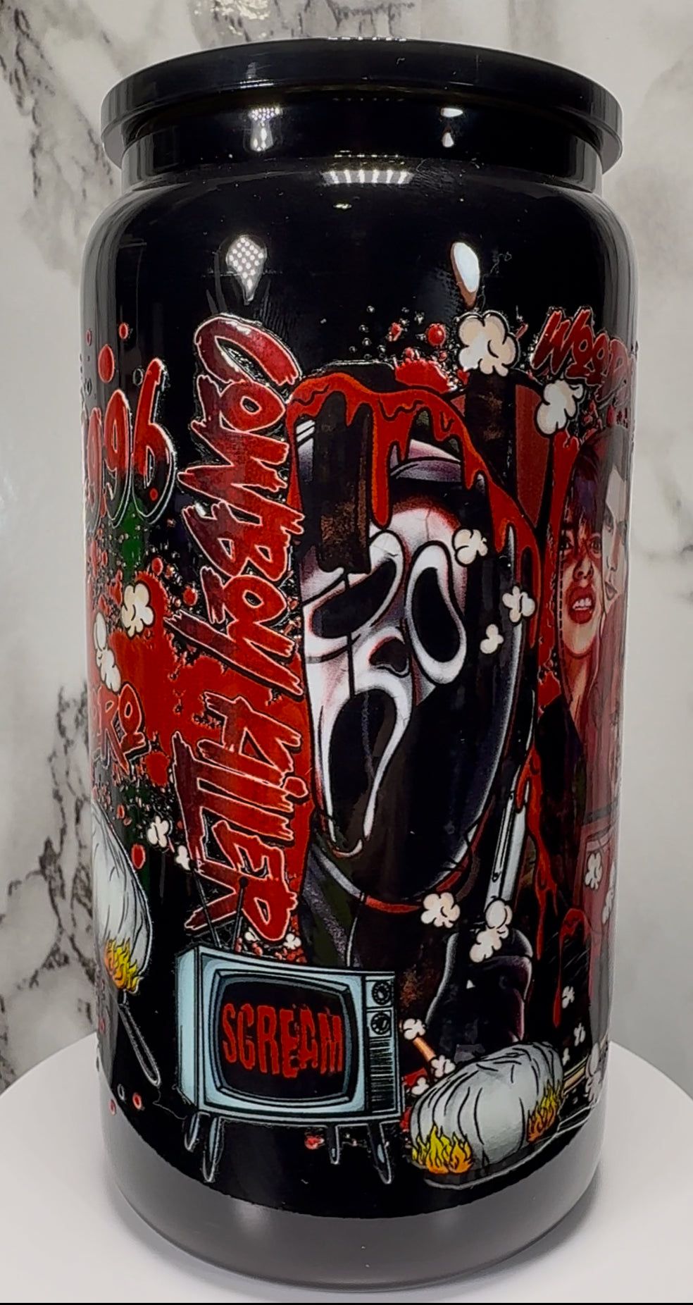 1996 Scream Cast Red UVDTF on a black beer can glass