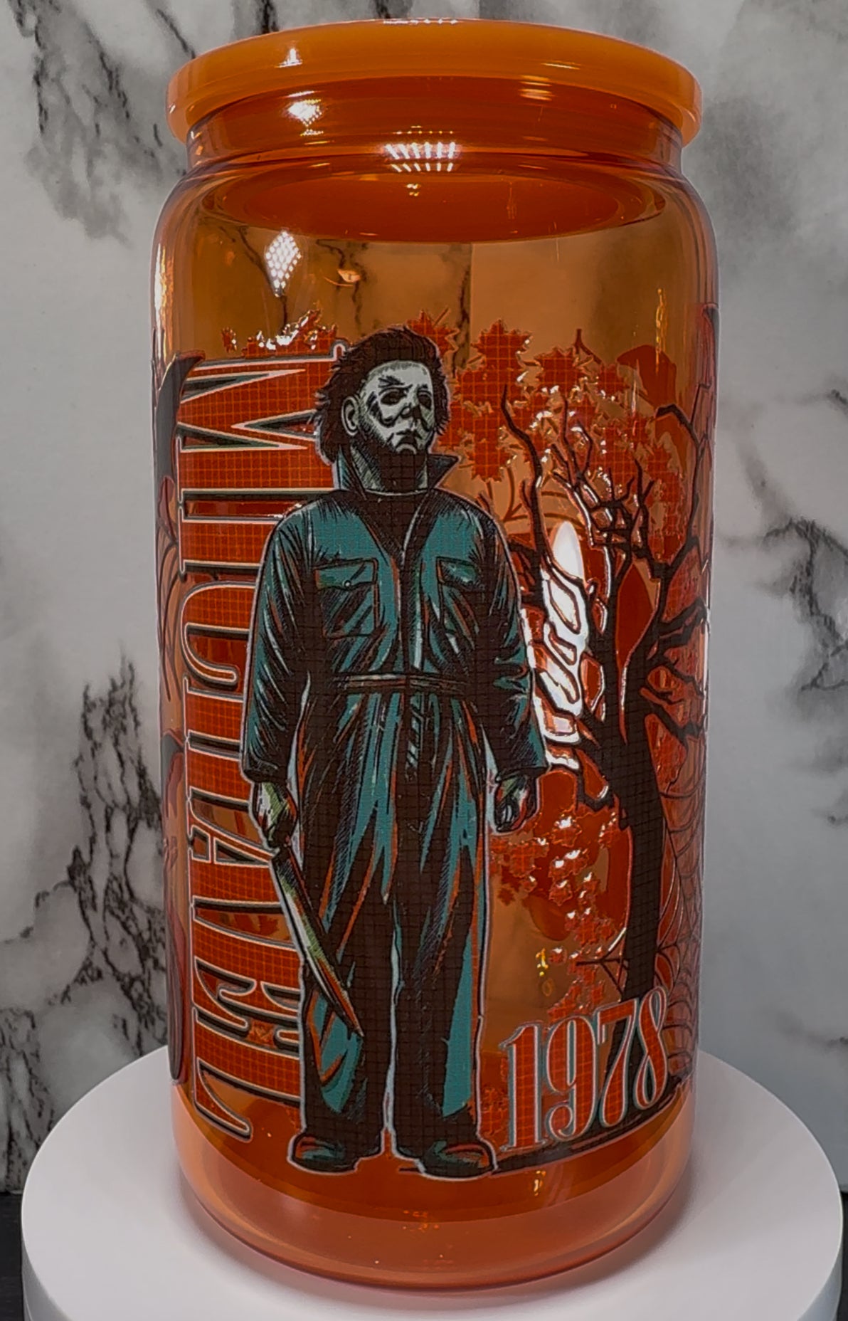 Michael Myers 1978 Halloween UVDTF on a orange beer can glass