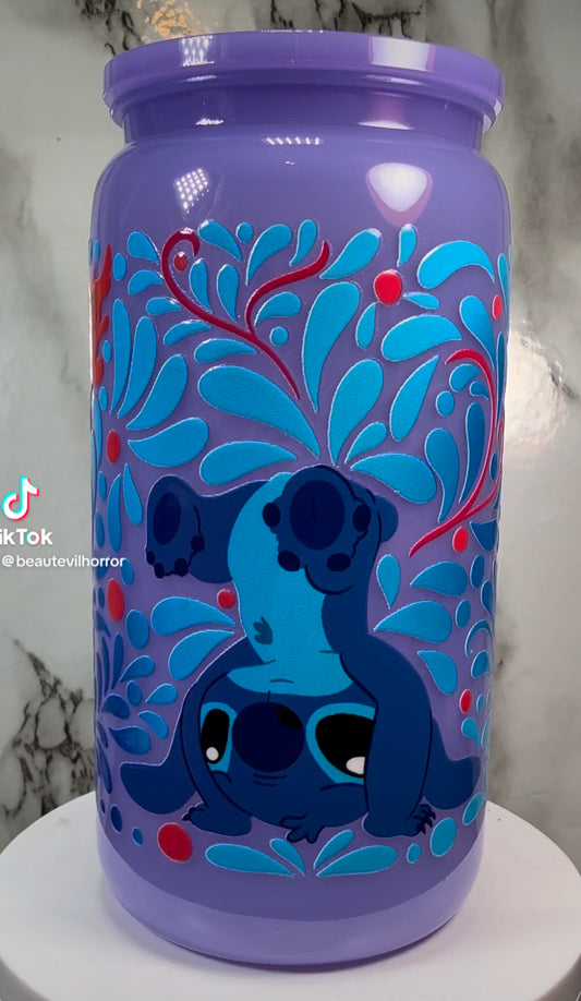 Stitch UVDTF on a PLASTIC purple beer can cup
