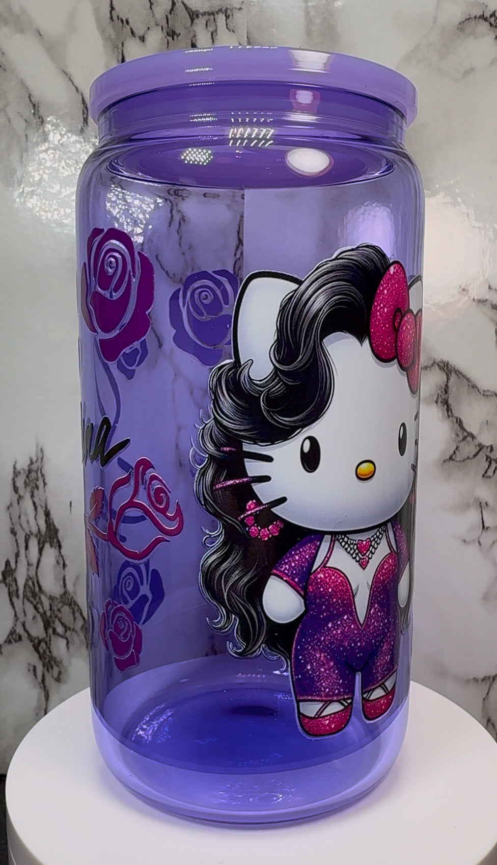 OOPSIE sale PLEASE read description!!! Hello Kitty Selena UVDTF on a purple beer can glass (Faults are in pictures)