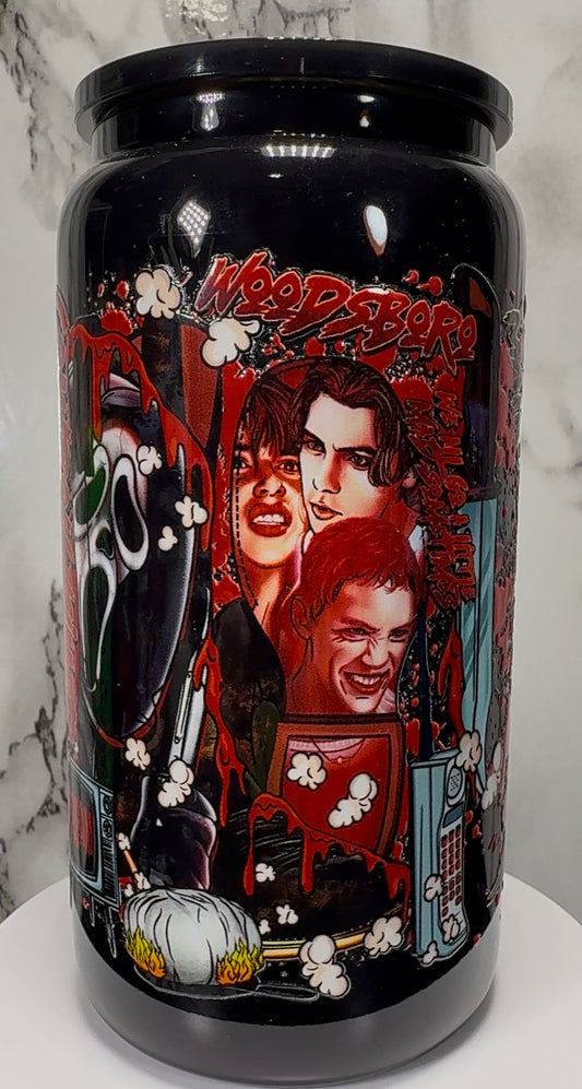 1996 Scream Cast Red UVDTF on a black beer can glass