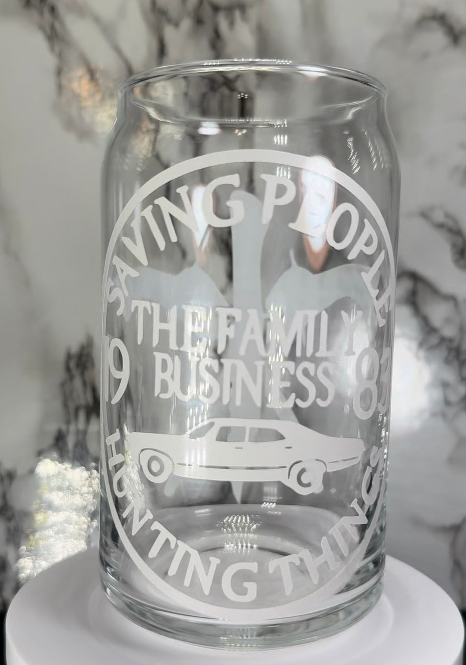 The Family Business - Supernatural color changing permanent vinyl on a libbey beer can glass