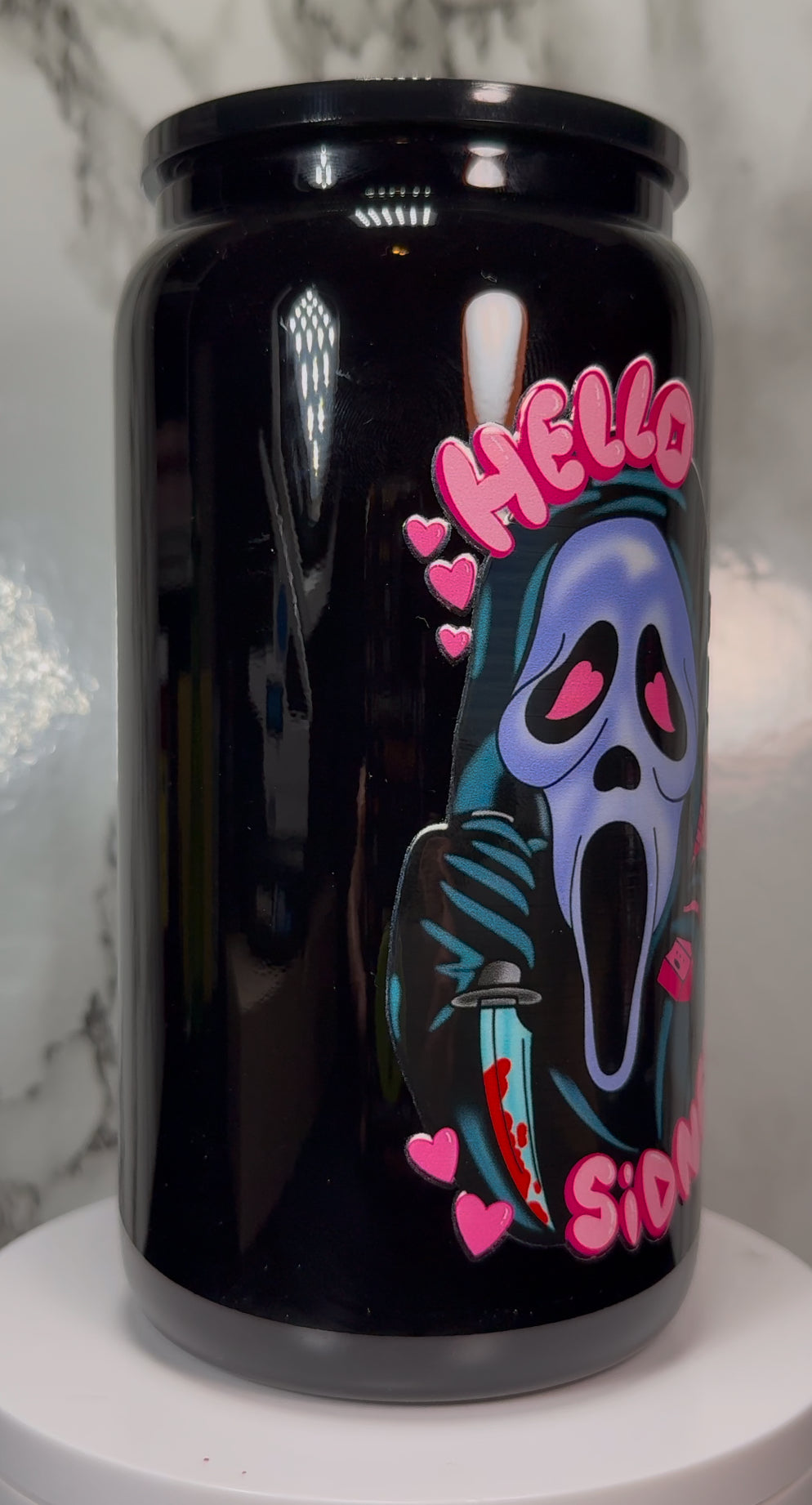 Hello Sidney Ghostface UVDTF on a black beer can glass