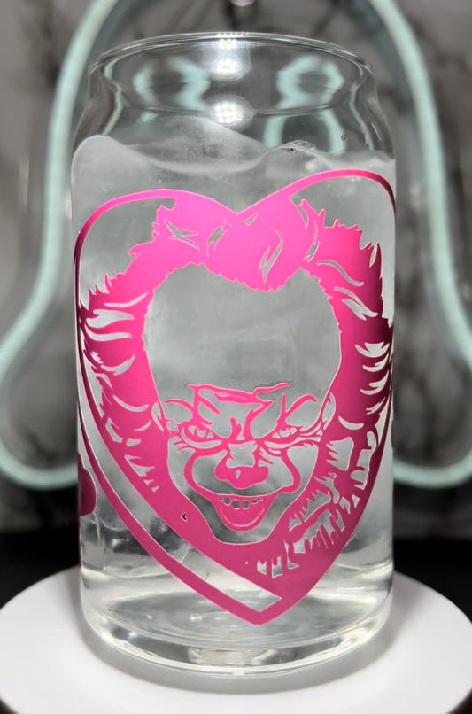 Pennywise Valentine’s Day color changing permanent vinyl on a libbey beer can glass