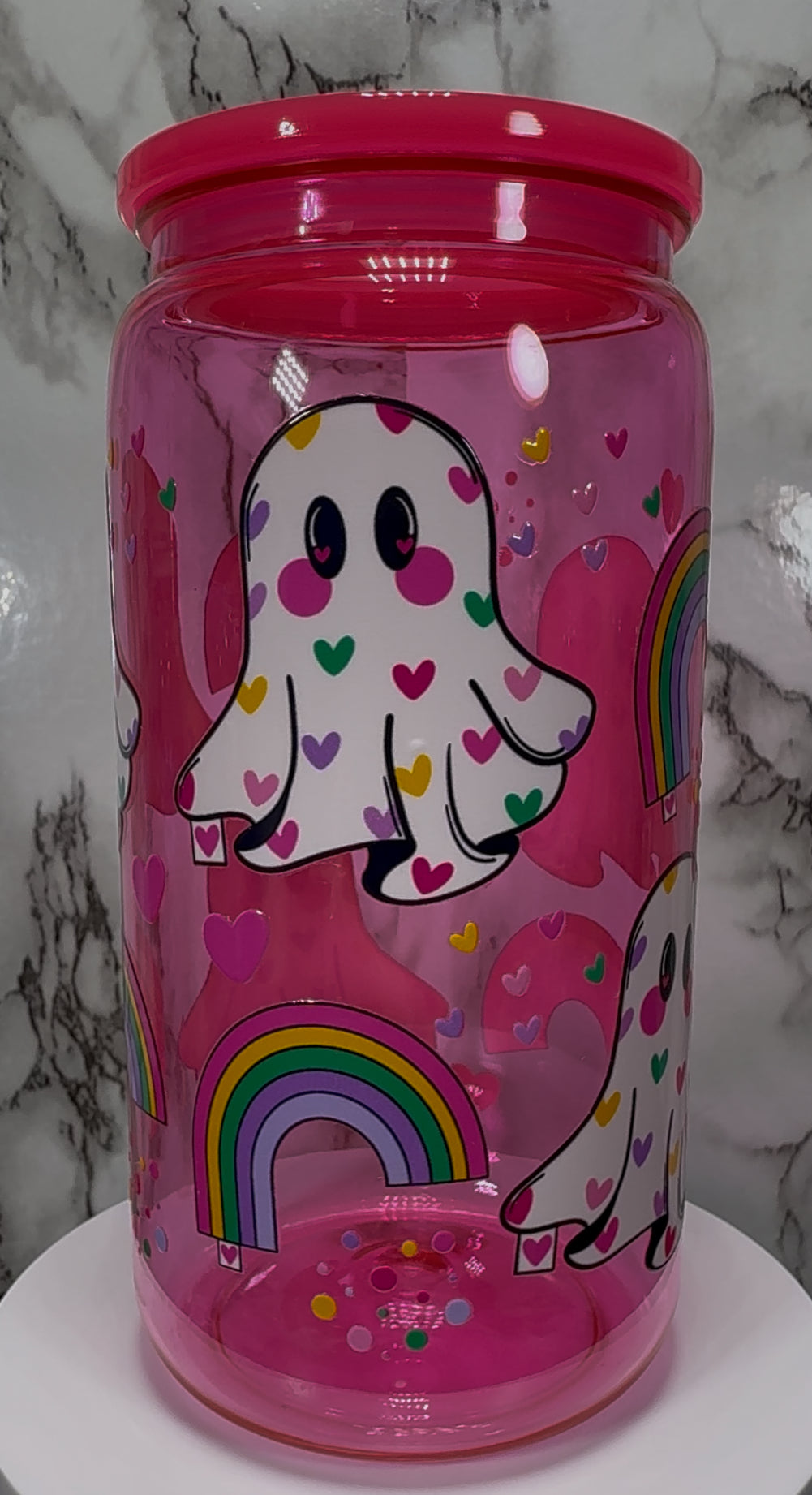 Rainbow Ghosts UVDTF on a hot pink PLASTIC beer can cup