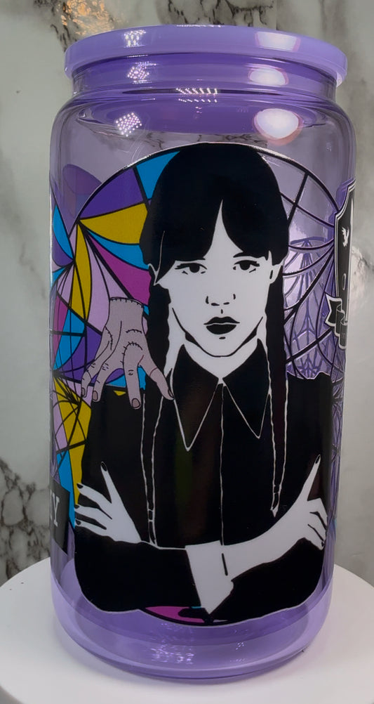 Wednesday Addams Nevermore Academy UVDTF on a purple beer can glass